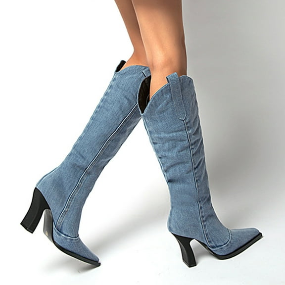 NECHOLOGY Boots Leather for Women Top Pointed Thin Heel Toe High Fashion Thick Denim Boots Womens Suede Boots Low Heel Blue 8.5