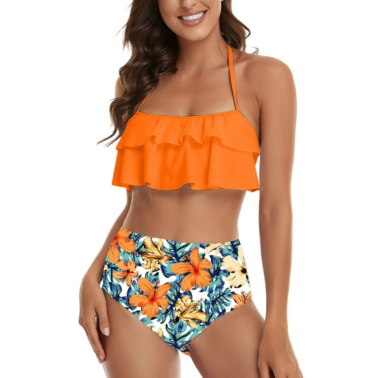 NECHOLOGY Mastectomy Swimsuits plus Size for Women Two Piece Printed Ruffle Swimwear Monokini Women Vintage Swimsuit Orange X Large