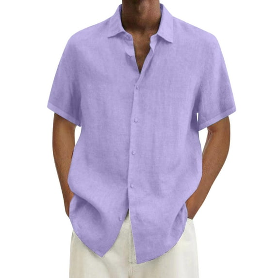 NECHOLOGY Mens T-Shirts Mens T Shirts Male Summer Hawaii Solid Shirt Short Sleeve Double Pocket Turn Down Collar Button Shirt Purple 3XL