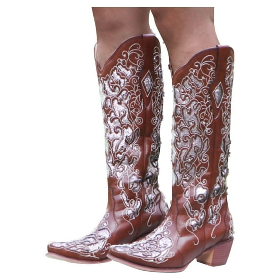 NECHOLOGY Thigh High Boots for Women Wide Calf Heel Boots Western Cowboy Dress Boots for Women Knee High Leather Brown 10