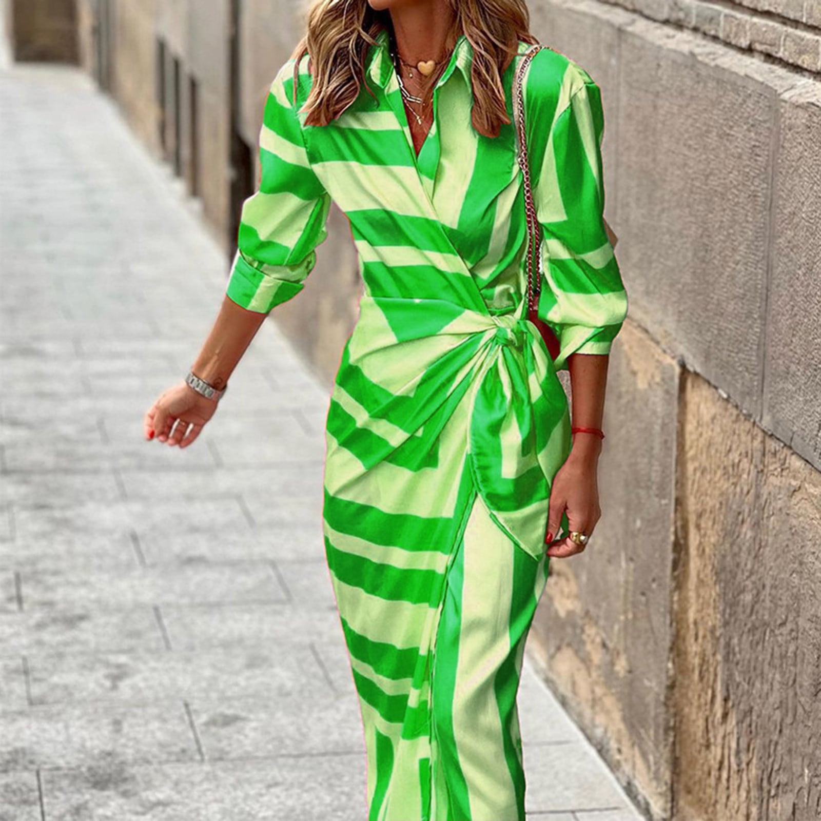 NECHOLOGY Women Printed Half Sleeve Elegant Knotted Colorblock Striped  Print Shirt Dress Party Festive Belted Womens Cotton Dress Dress Green  Medium - Walmart.com