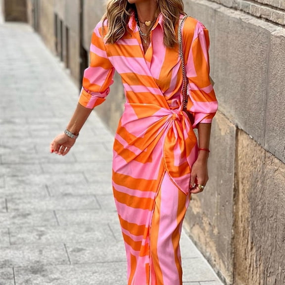 NECHOLOGY Women Printed Half Sleeve Elegant Knotted Colorblock Striped Print Shirt Dress Party Festive Belted Womens Cotton Dress Dress Orange Small