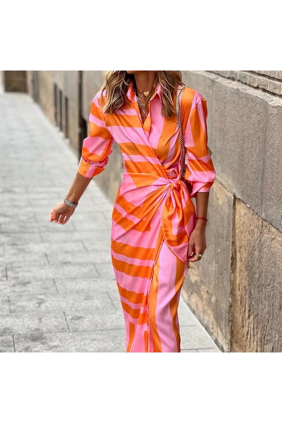 Women Printed Half Sleeve Elegant Knotted Colorblock Striped Print Shirt Dress Party Festive Belted Womens Cotton Dress Dress Orange X-Large