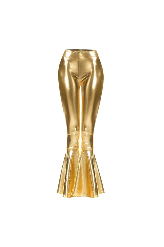 Women Shiny Metallic Flare Leggings For Women High Waisted Bell Bottom Pants Stretch 70s Disco Yoga Scaled Leggings Pants Gold Medium