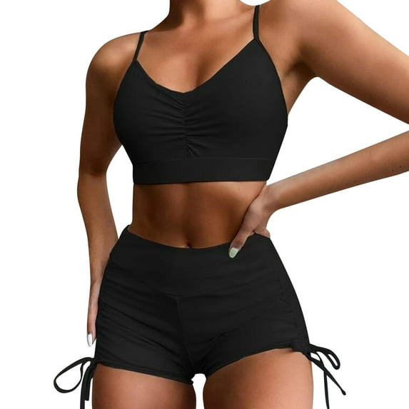 NECHOLOGY Women Vintage Swimsuit Two Piece Retro Halter Ruched High Waist Print Bikini Set Womens Bathing Suit with Shorts Underwear Black Small