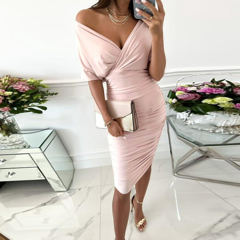 NECHOLOGY Womens Dresses Womens Formal Dress Tea Length Women's Casual  Sleeveless Ruched Party Dresses Ladies Pageant Dress Pink Large