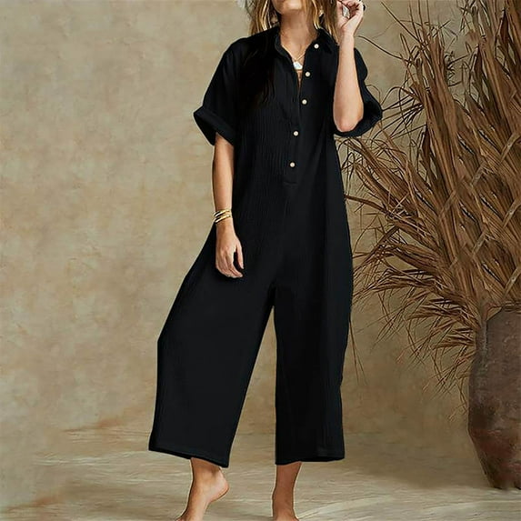 NECHOLOGY Womens Jumpsuits Clothing Womens Women Summer Short Sleeve Button Down Pockets Jumpsuits Rompers plus Sizes Jumpsuits for Women Black Large