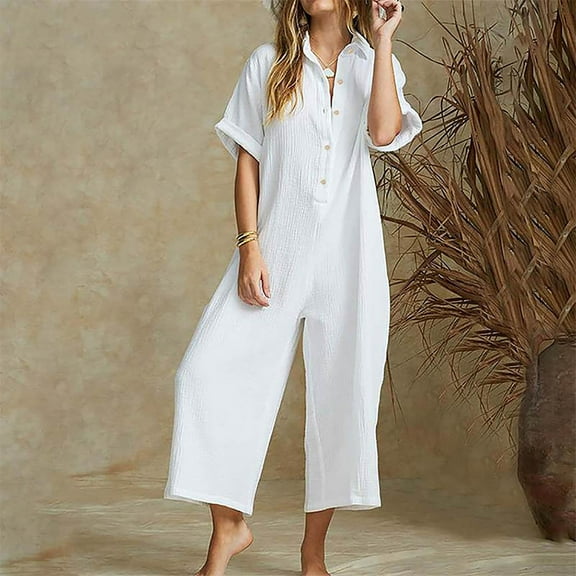 NECHOLOGY Womens Jumpsuits Clothing Womens Women Summer Short Sleeve Button Down Pockets Jumpsuits Rompers plus Sizes Jumpsuits for Women White X-Large