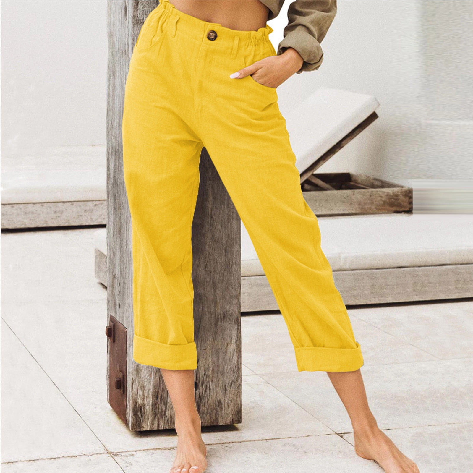 NECHOLOGY Womens Pants Dress Pants for Women Business Casual Tall Womens  Cotton Linen Pants Drawstring Back Elastic Waist Pants Casual Trousers  Yellow XX-Large 