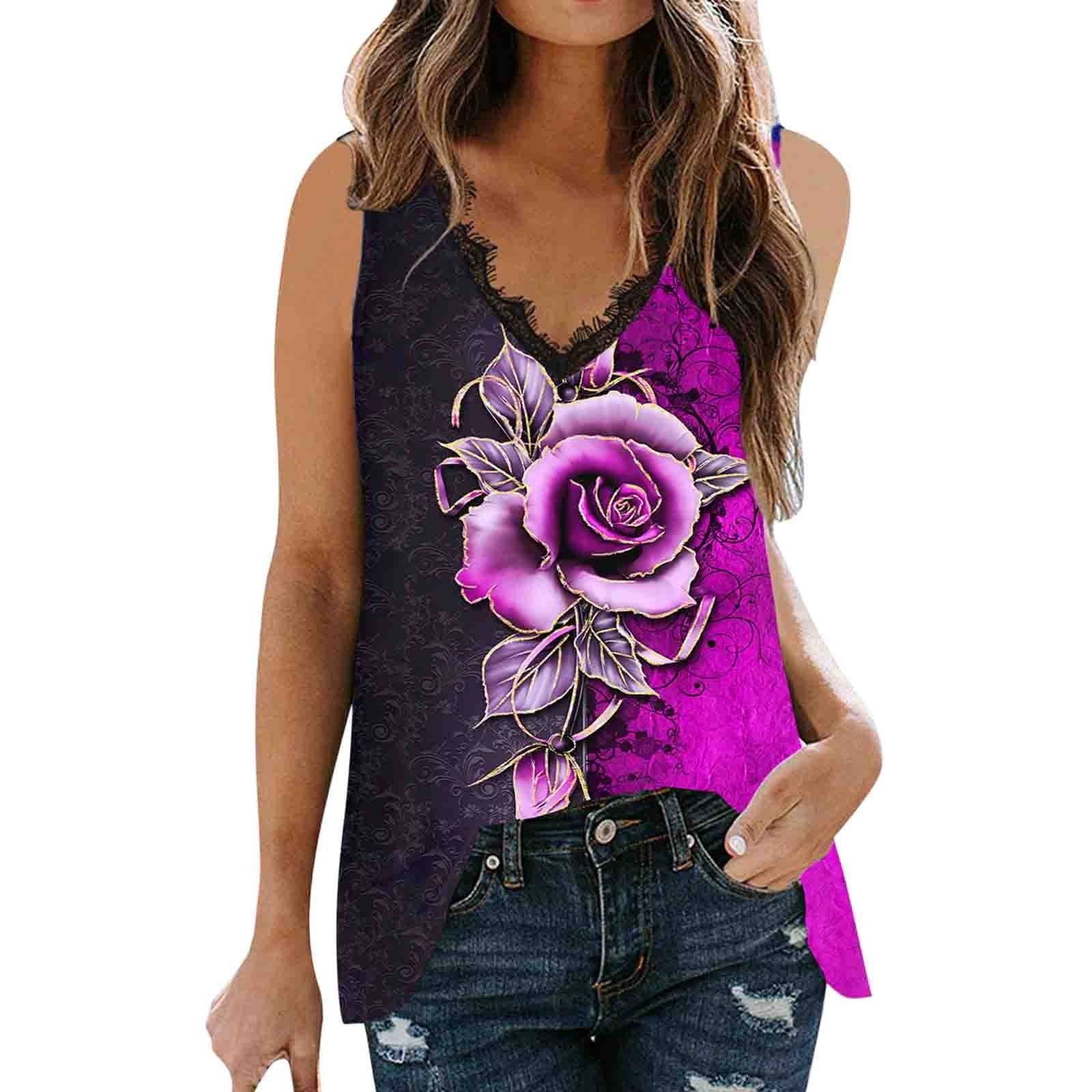 NECHOLOGY Womens Tank Top Black Fitted Muscle Women Women Summer Sleeveless  Floral Printed V Neck Lace Tank Tops Casual Tops Purple X-Large 