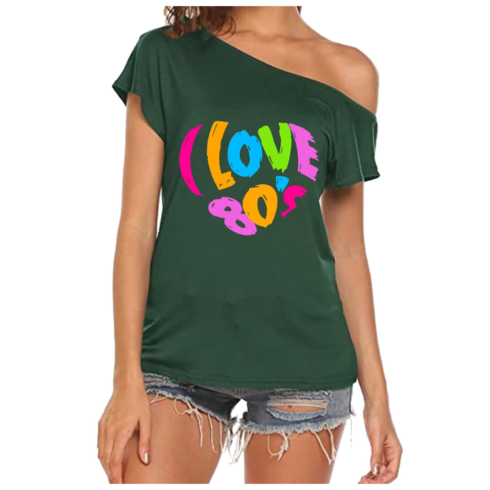 NECHOLOGY Womens Tops Long Sleeve Tees Women I Love The 80s Off The  Shoulder T Shirts Disco 80s Black Short Sleeve Shirt 