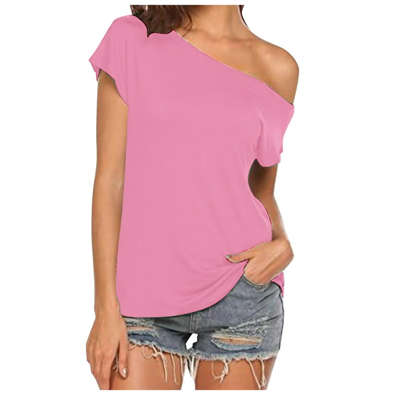 NECHOLOGY Womens Tops Polyester Tees Women Ladies Casual Off Shoulder Solid  Color Irregular Top Short Sleeve Womens Black Tees Pack 