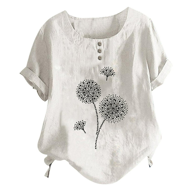 NECHOLOGY Womens Tops Shirts for Woman under 10 Dollars Women's Summer  Round Neck Button Cotton And Linen Dandelion Print Gold Tees 