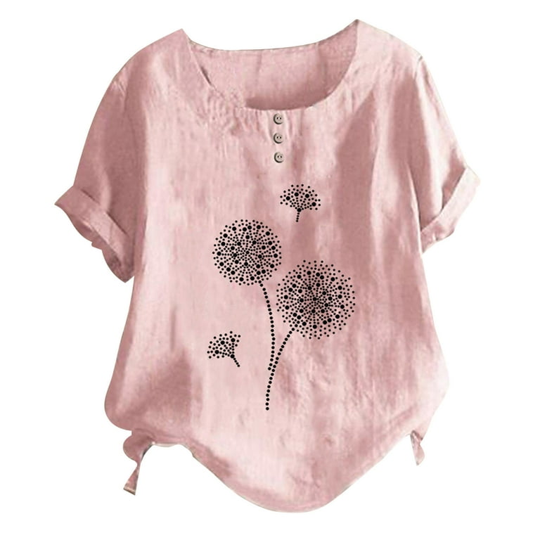 NECHOLOGY Womens Tops Shirts for Woman under 10 Dollars Women's Summer  Round Neck Button Cotton And Linen Dandelion Print Gold Tees 