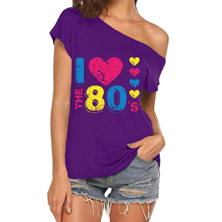 NECHOLOGY Womens Tops Layering Tee for Women Women I Love The 80s Off The  Shoulder Tops Disco 80s Women Shirts Short Sleeve 