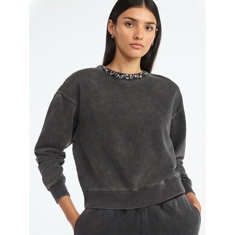 Women’s and Women's Plus Mineral Washed Rhinestone Crewneck Sweatshirt, Sizes XS-4X