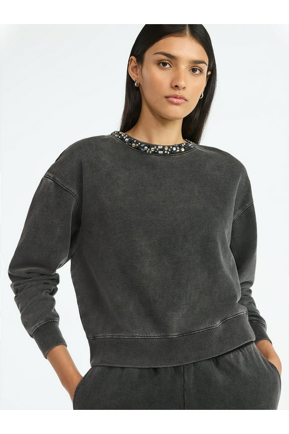 Women’s and Women's Plus Mineral Washed Rhinestone Crewneck Sweatshirt, Sizes XS-4X