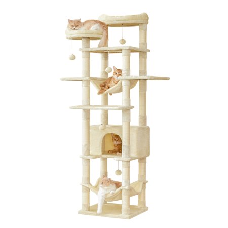 NECOLIKE 73.6'' Cat Tree for Large Cat Tower with Condo, 2 Perches and 2 Hammocks, Beige