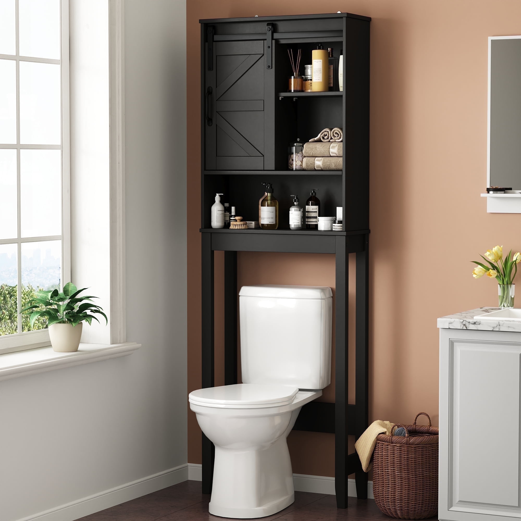 Over the Toilet Storage Cabinet, Bathroom Space Saver Organizer with Sliding Barn Door, Anti-Tipping Design, Waterproof, Adjustable Shelves for Laundry Room Organization