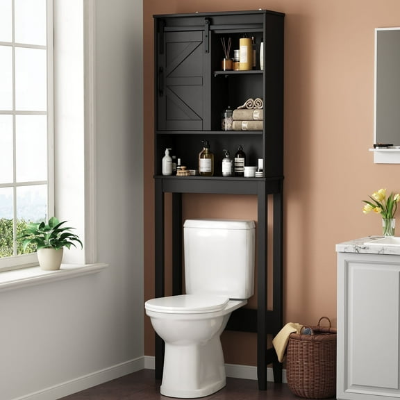 Over the Toilet Storage Cabinet, Bathroom Space Saver Organizer with Sliding Barn Door, Anti-Tipping Design, Waterproof, Adjustable Shelves for Laundry Room Organization