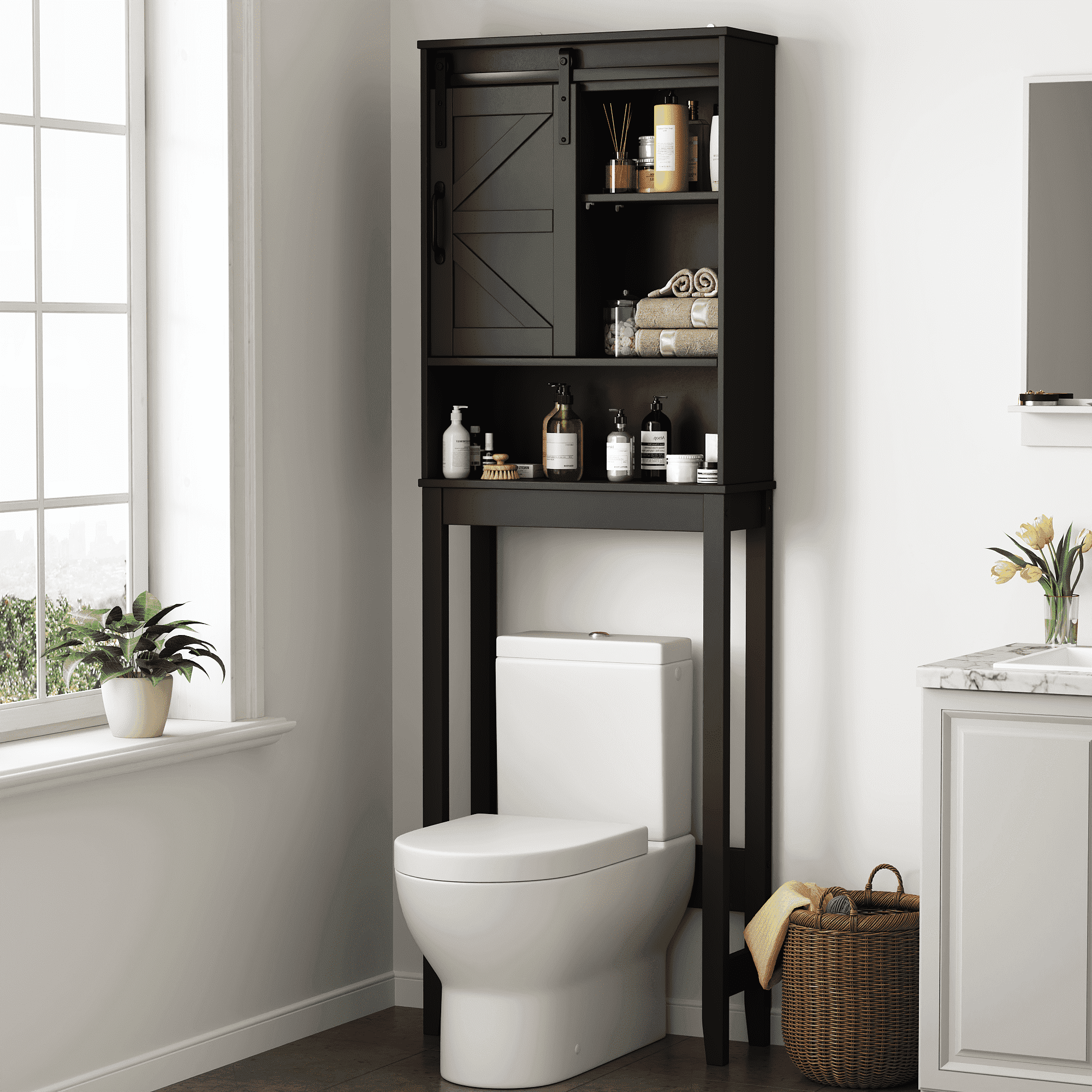 Over the Toilet Storage Cabinet, Bathroom Space Saver Organizer with Sliding Barn Door, Anti-Tipping Design, Waterproof, Adjustable Shelves for Laundry Room Organization