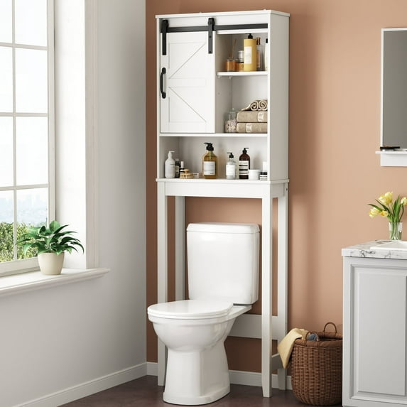 Over the Toilet Storage Cabinet, White Bathroom Shelf Organizer with Adjustable Shelf, Sliding Barn Door, Anti-Tipping Design, Waterproof for Bathroom/Laundry Room Organization