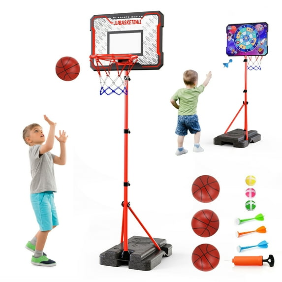 NEDYO Kids Adjustable Basketball Hoop for Toddlers, Height 2.9ft-6.2ft, Indoor/Outdoor Play, PE Backboard, Includes Pump, Darts, Basketballs