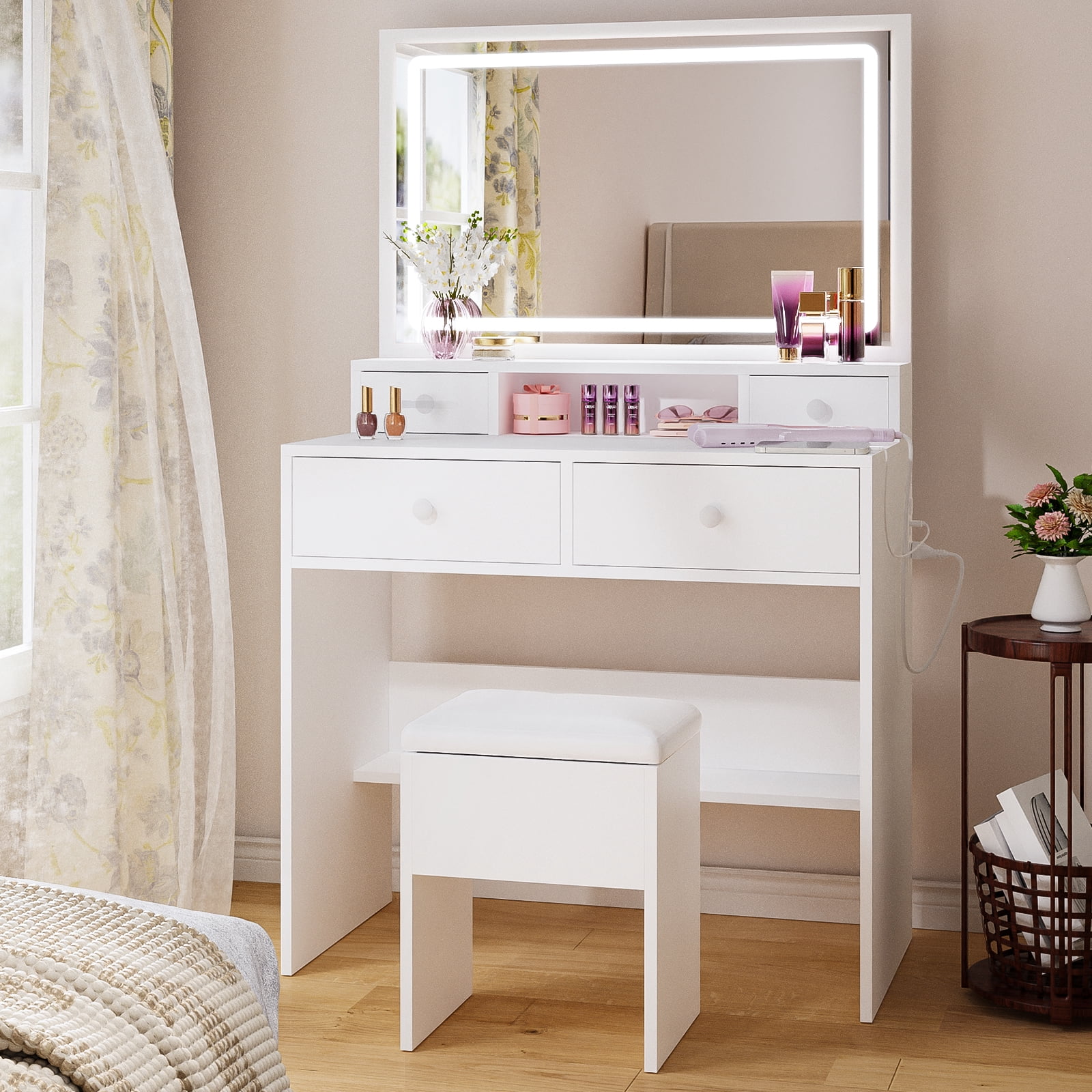 Vanity Table Set With LED Mirror & Chair - Makeup Desk With Wireless Charging, 5 Drawers, USB Port, White Bedroom Furniture-580741
