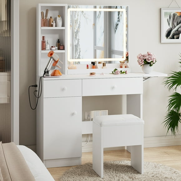 NEDYO White Vanity Set with Mirror and LED Light and Power Outlet, Vanity Desk with Storage Cabinet & Cushioned Stool & Foldable Panel, Makeup Vanity for Bedroom
