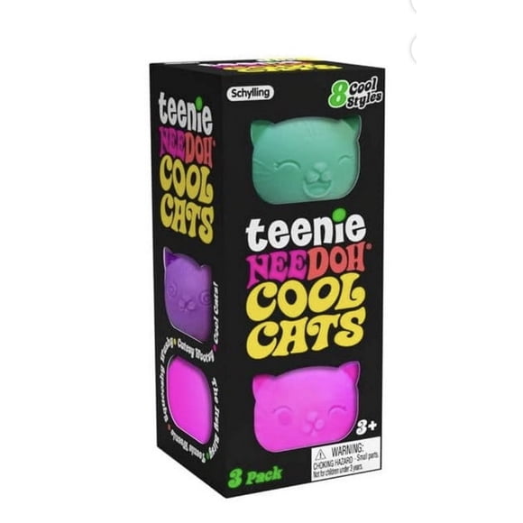 NEEDOH Teenie cool cat sQUSHI , STRESS RELIEVER, FIDGET , SENSORY BALL , COLORS MAY VARY, 3 cats PER PACK