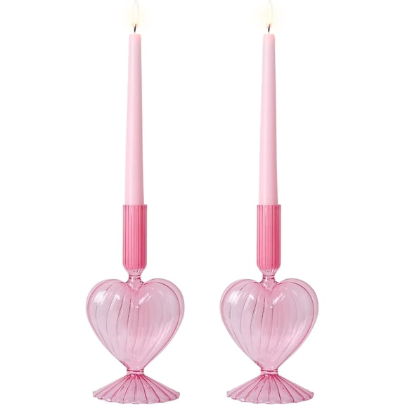 NEEDOMO Valentines Day Decorations, Set of 2 Pink Heart Glass Candlestick Holders for Valentines Decor, Taper Candle Holders Table Centerpieces for Romantic Wedding Party Mantel Decor