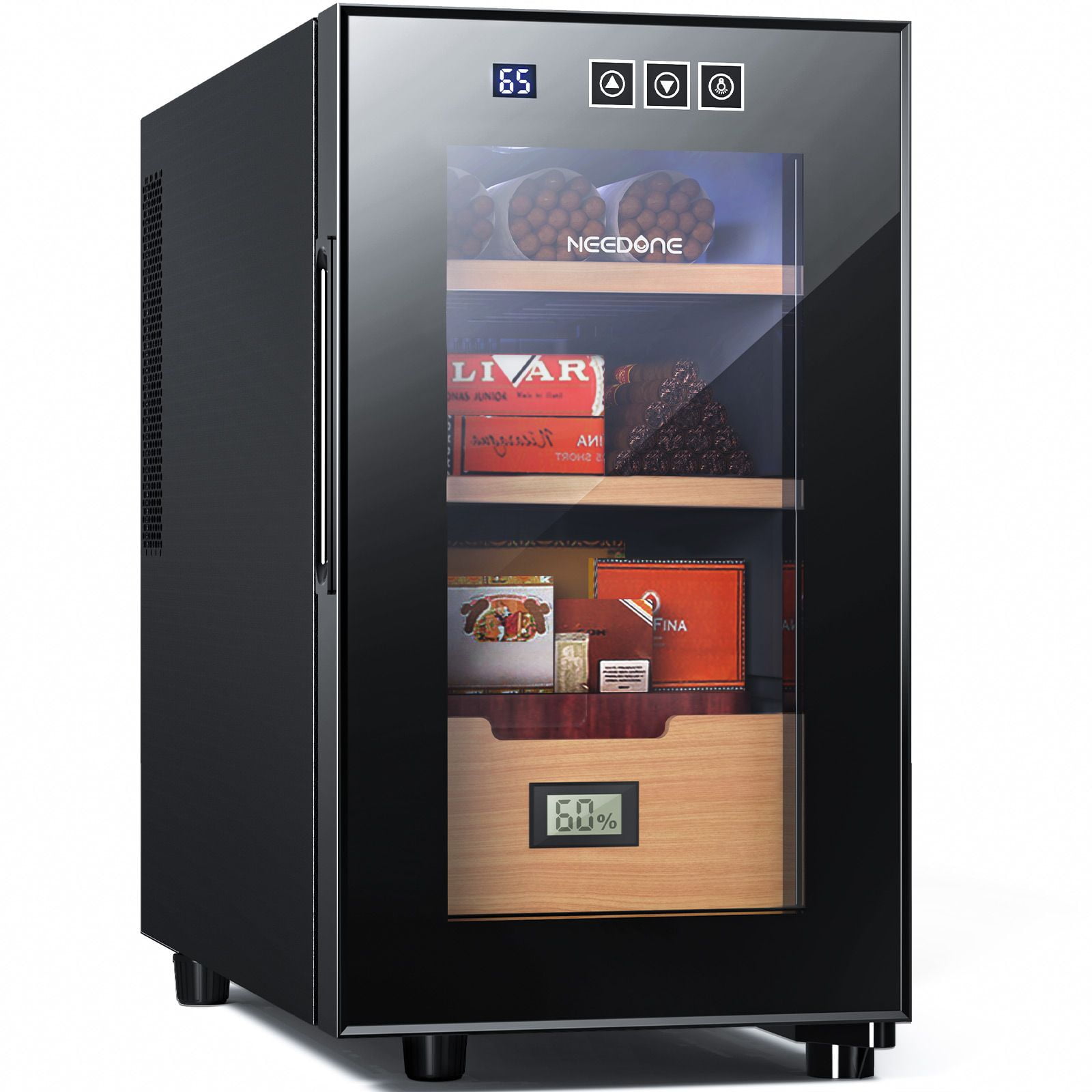 NEEDONE 23L Cooler Humidor, Electronic Cigar Cabinet with optics-Temp Heating (150 Capacity) with Spanish Cedar Wood Shelves & Drawer with Hygrometer, Upgraded Version
