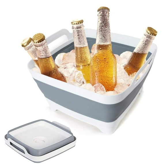 Daretodo 2.4 Gal(9L) Collapsible Dish Basin with Drain Plug, Space Saving Outdoor Multiuse Foldable Sink Tub, Dishpan, Kitchen Storage Tray for Camping, Vegetable Washing, RV (Gray)