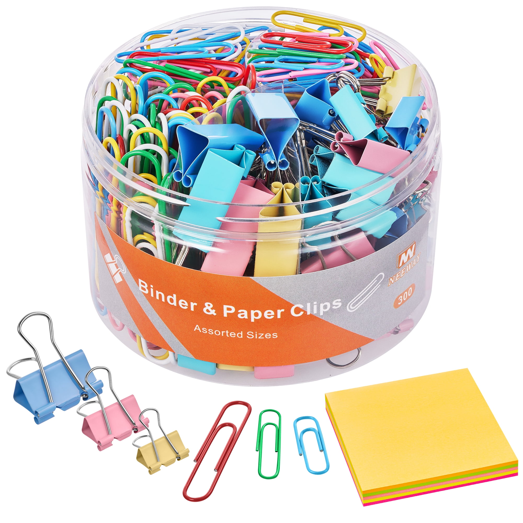 NEEWAY 300pcs Paper Clips and Binder Clips Assorted Sizes with 100 Sheets Sticky Notes, Colored Paper Clips and Binder Clips Set for Home, Office Supplies