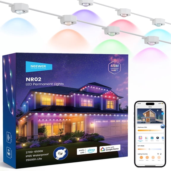 Neewer NR02 144ft Permanent Outdoor Lights, Smart AI RGBCW, 90 LEDs, IP65, App/Voice Control, for House/Eaves/Christmas Decor