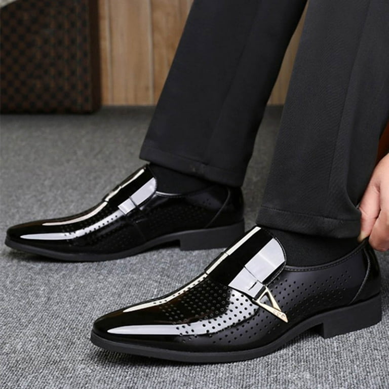 Mens Dress Formal Leather Shoes Metal Pointy Toe Slip on Wedding