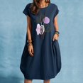 thumbnail image 1 of NEGJ Women Purple Flowers Printed Loose Short Sleeve Dress Summer Round Neck Dresses With Pocket Cotto, 1 of 4