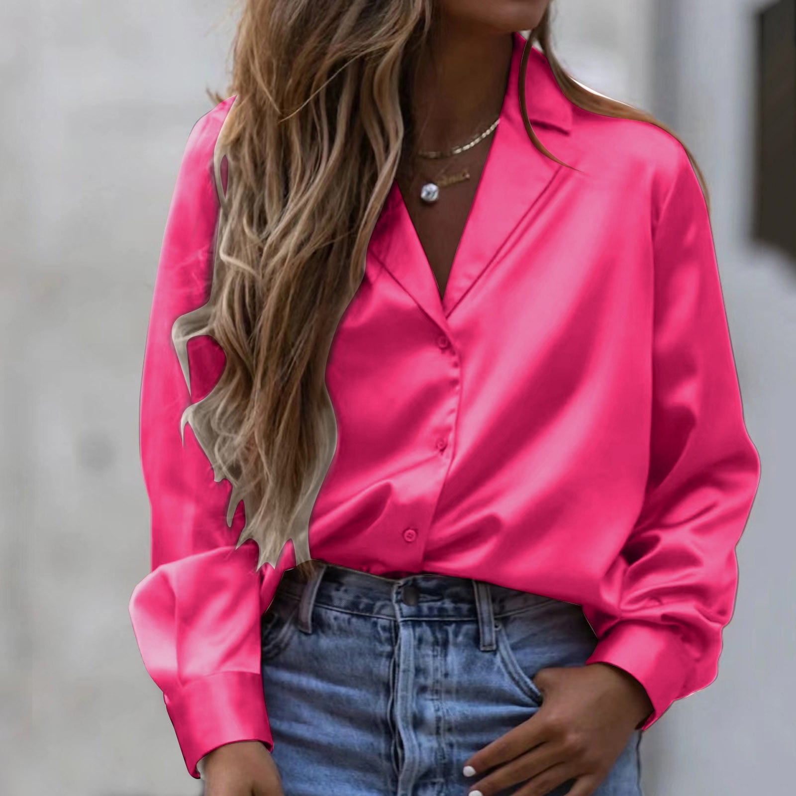 NEGJ Women's Button Down Satin Shirts Long Sleeve Roll Up Boyfriend