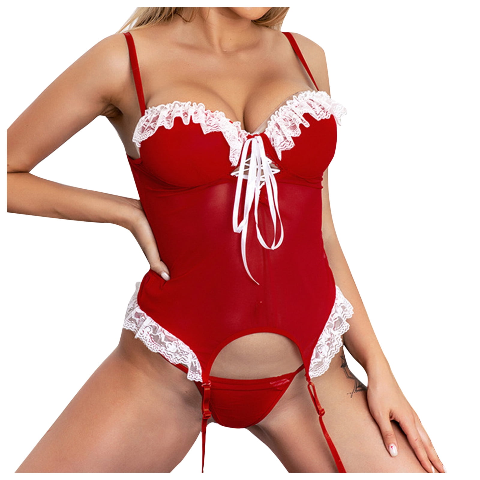 Negj Womens Santa Christmas Lingerie Set With Garter Belts Lace Teddy