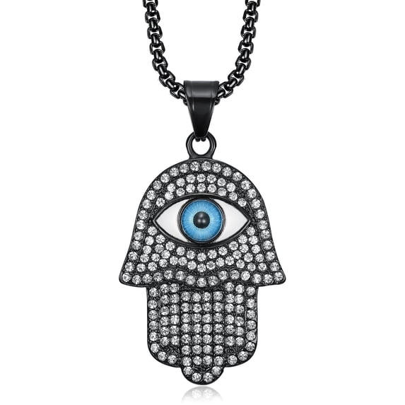 NEGS 18K Gold Black Plated Blue Evil Eye Beads Fatima Hamsa Hand Egyptian Pendant 24'' Chain Religious Amulet Stainless Steel Necklace for Men Women