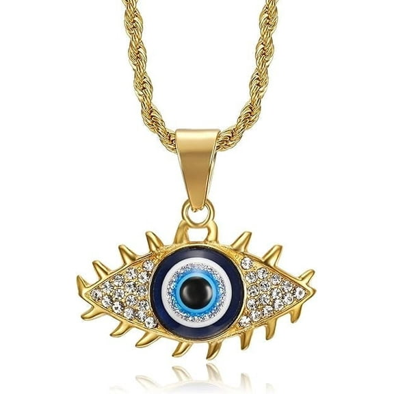 NEGS 18K Gold Plated Blue Evil Eye Egyptian Pendant 24'' Chain Religious Amulet Stainless Steel Necklace for Men Women