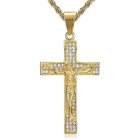 NEGS 18K Gold Plated Cross Christ Lord Jesus Pendant 24'' Chain Prayer Christian Easter Stainless Steel Necklace for Men Women