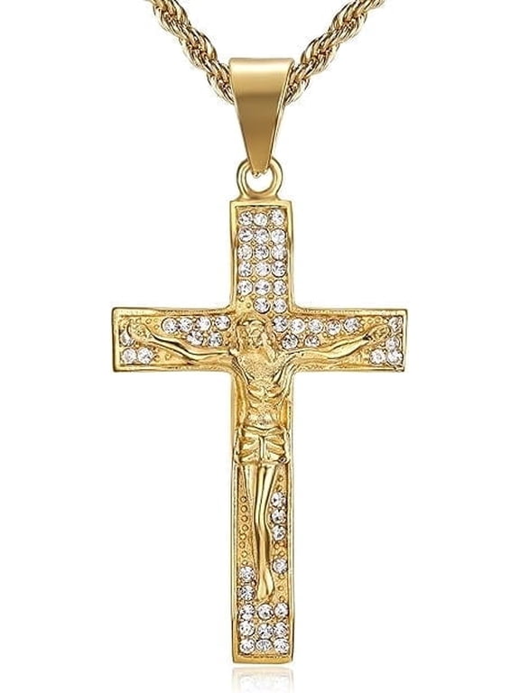 18K Gold Plated Cross Christ Lord Jesus Pendant 24'' Chain Prayer Christian Easter Stainless Steel Necklace for Men Women