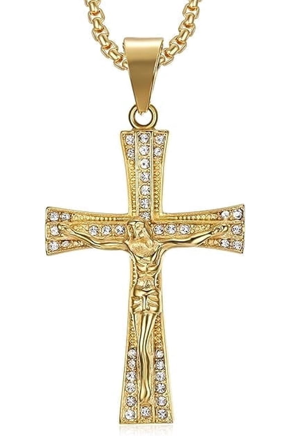 18K Gold Plated Cross Christ Lord Jesus Pendant 24'' Chain Prayer Christian Easter Stainless Steel Necklace for Men Women
