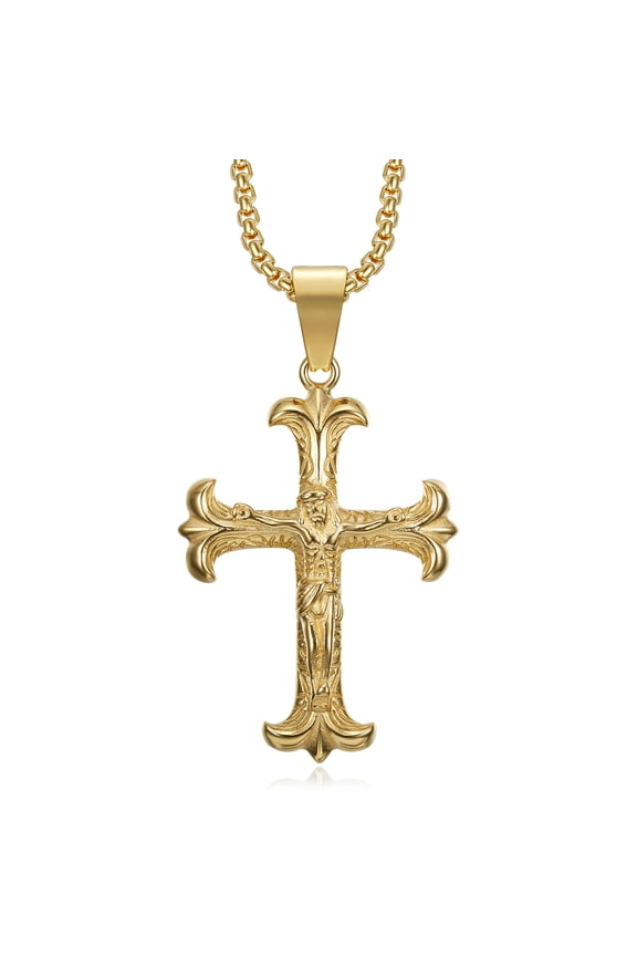 18K Gold Plated Crucifix Cross Catholic Faith Pendant 24'' Chain Jesus Prayer Christian Stainless Steel Necklace for Men Women