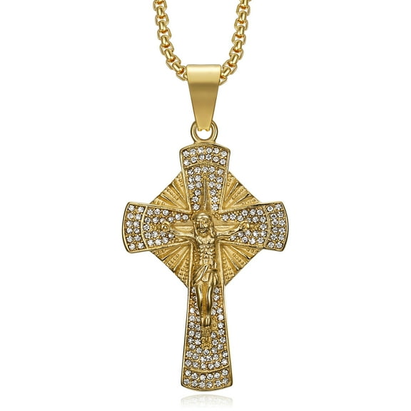 NEGS 18K Gold Plated Crucifix Cross Christ Pendant 24'' Chain Jesus Prayer Stainless Steel Necklace for Men Women