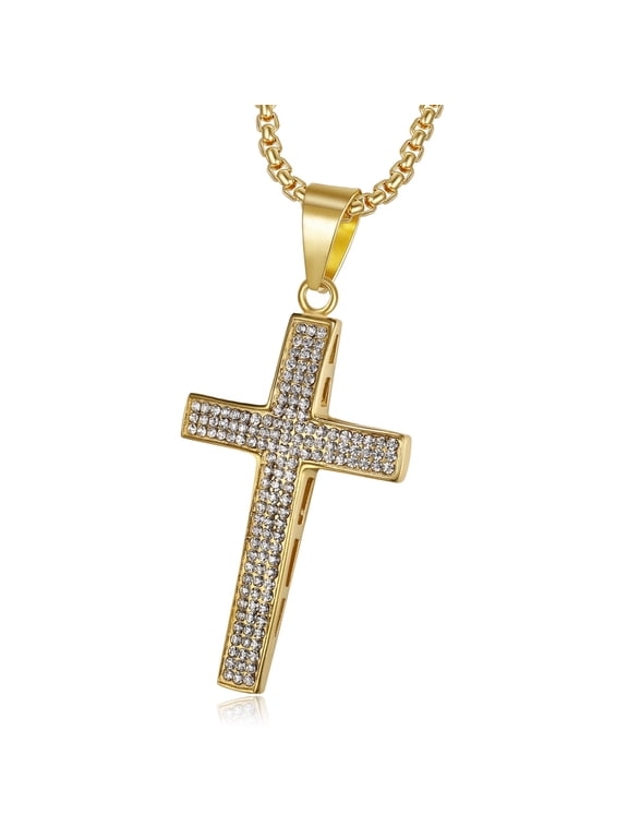 18K Gold Plated Crucifix Cross Christ Pendant 24'' Chain Jesus Prayer Stainless Steel Necklace for Men Women