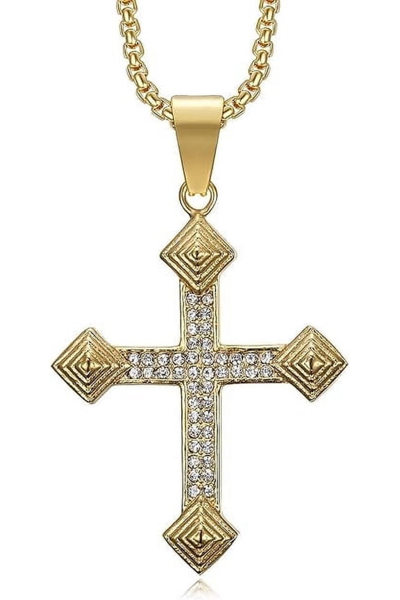 18K Gold Plated Crucifix Cross Christ Pendant 24'' Chain Jesus Prayer Stainless Steel Necklace for Men Women