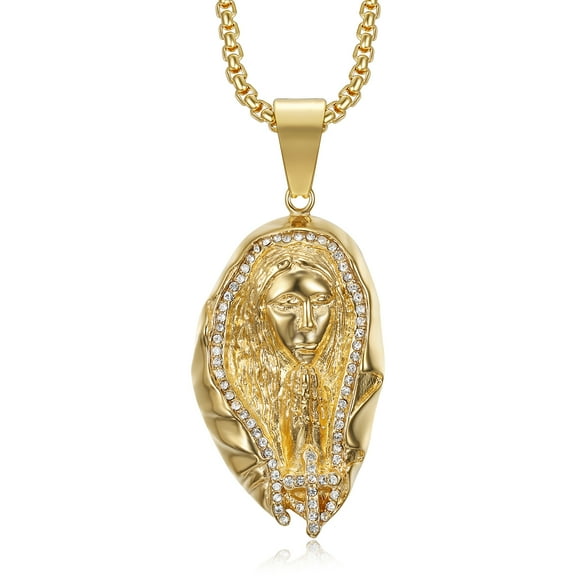 NEGS 18K Gold Plated Crucifix Cross Jesus Virgin Mary Christ Pendant 24'' Chain Jesus Prayer Stainless Steel Necklace for Men Women