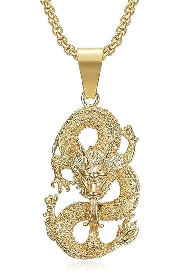 18K Gold Plated Dragon Pendant 24'' Chain Feng Shui Mythical Amulet Stainless Steel Necklace for Men Women